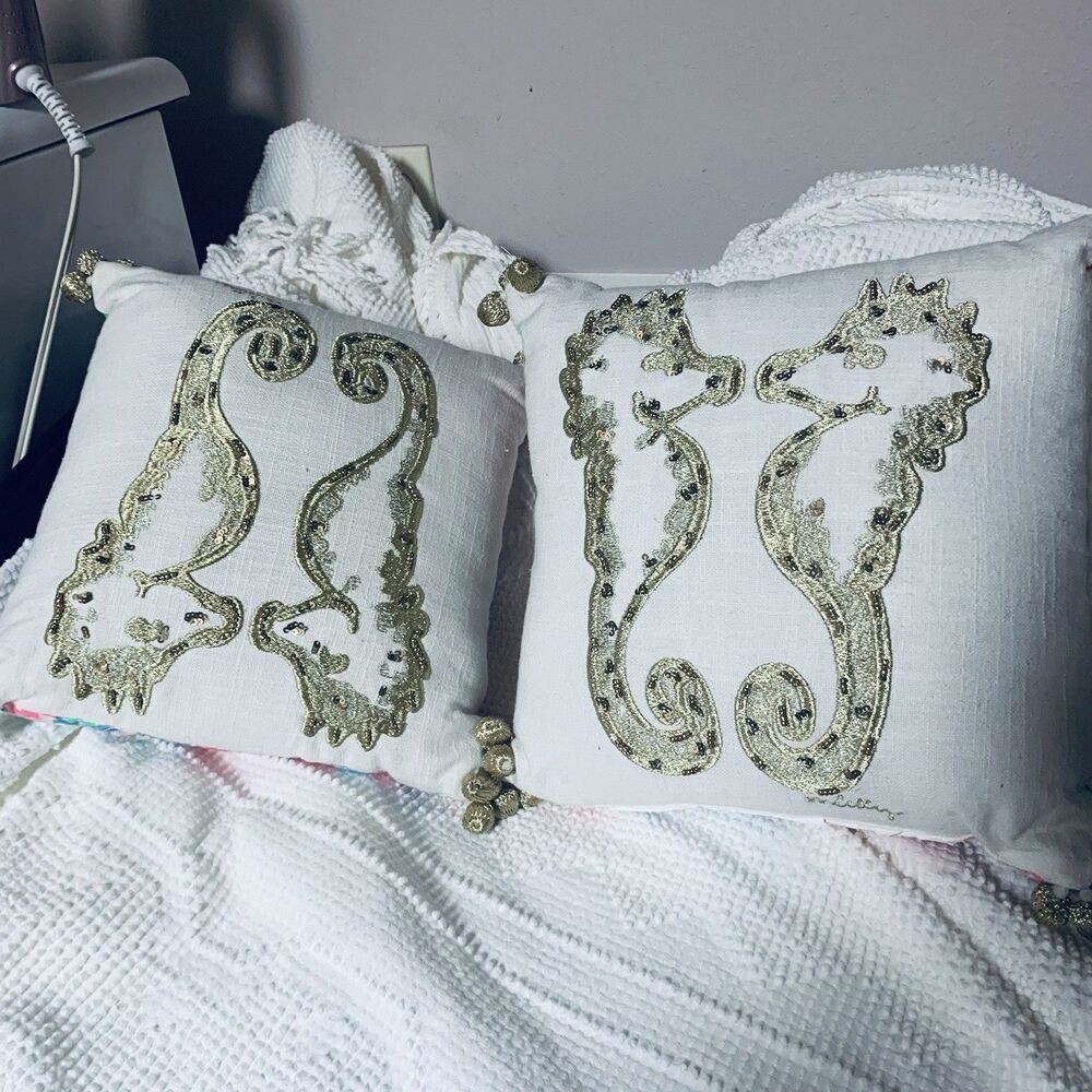 PAIR LILLY PULITZER HOLD YOUR HORSES EMBROIDERED PILLOW SEAHORSES Pottery barn